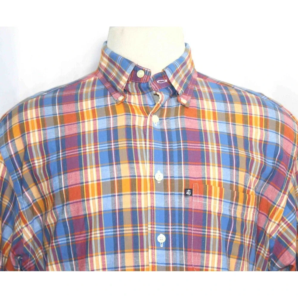 Brooks Brothers 346 Button Up L/S Orange Blue Plaid Cotton Shirt Mens Size Large